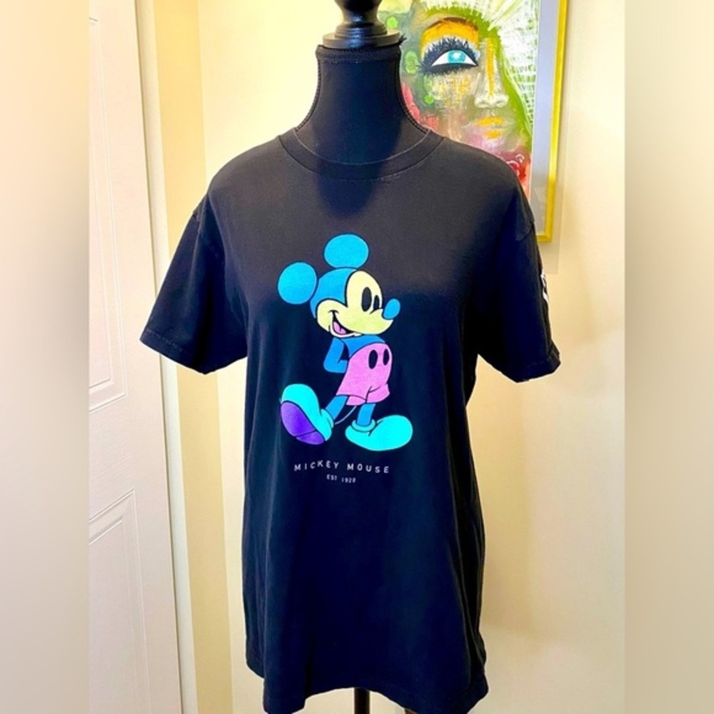 Neff X Disney Mickey Mouse  collab tee in black. Colorful neon graphic & sleeve